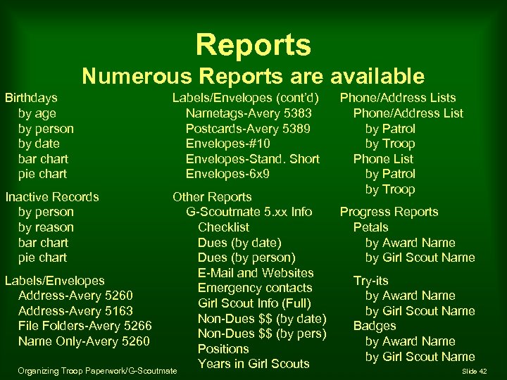 Reports Numerous Reports are available Birthdays by age by person by date bar chart
