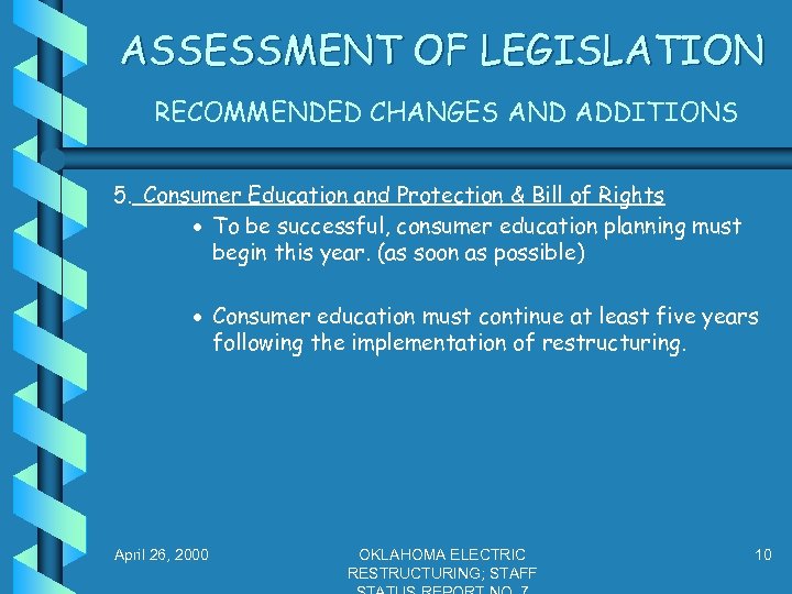 ASSESSMENT OF LEGISLATION RECOMMENDED CHANGES AND ADDITIONS 5. Consumer Education and Protection & Bill