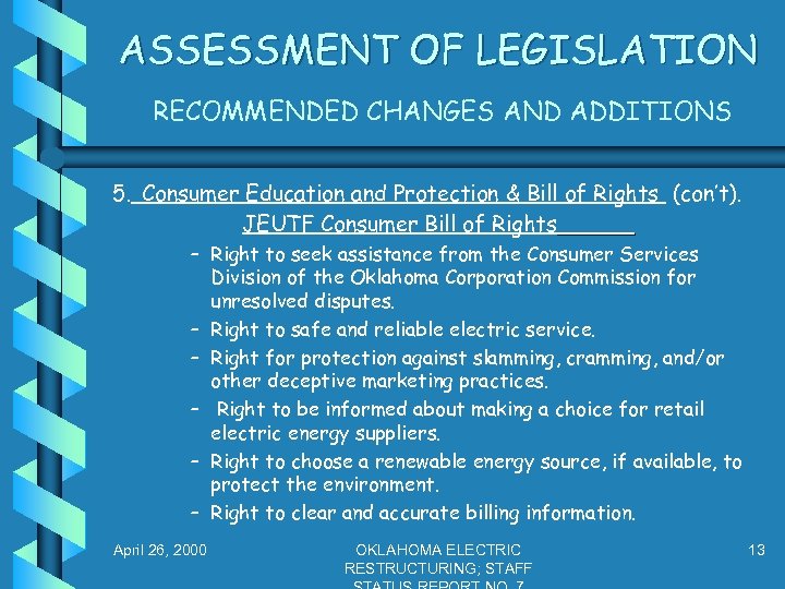 ASSESSMENT OF LEGISLATION RECOMMENDED CHANGES AND ADDITIONS 5. Consumer Education and Protection & Bill