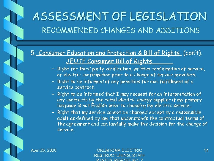 ASSESSMENT OF LEGISLATION RECOMMENDED CHANGES AND ADDITIONS 5. Consumer Education and Protection & Bill