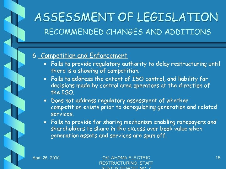 ASSESSMENT OF LEGISLATION RECOMMENDED CHANGES AND ADDITIONS 6. Competition and Enforcement · Fails to