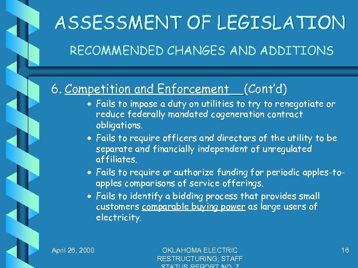 ASSESSMENT OF LEGISLATION RECOMMENDED CHANGES AND ADDITIONS 6. Competition and Enforcement (Cont’d) · Fails