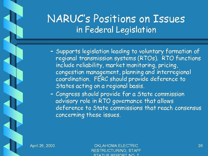 NARUC’s Positions on Issues in Federal Legislation – Supports legislation leading to voluntary formation