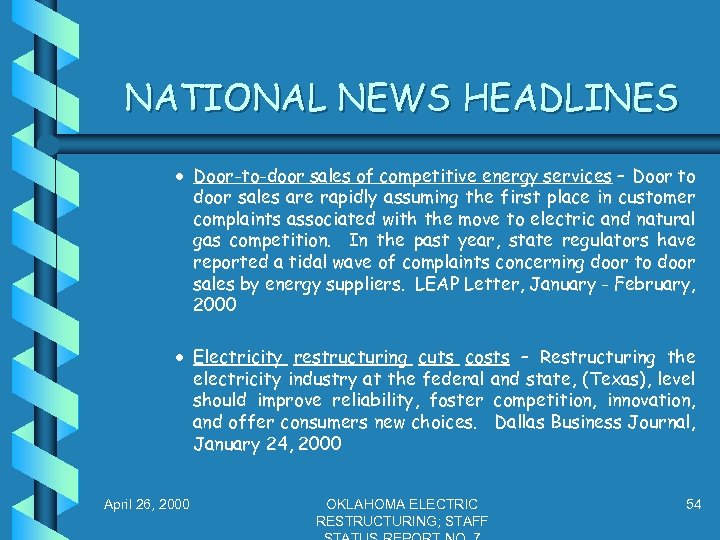 NATIONAL NEWS HEADLINES · Door-to-door sales of competitive energy services – Door to door