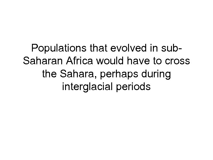 Populations that evolved in sub. Saharan Africa would have to cross the Sahara, perhaps