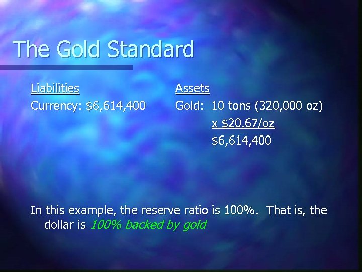 The Gold Standard Liabilities Currency: $6, 614, 400 Assets Gold: 10 tons (320, 000