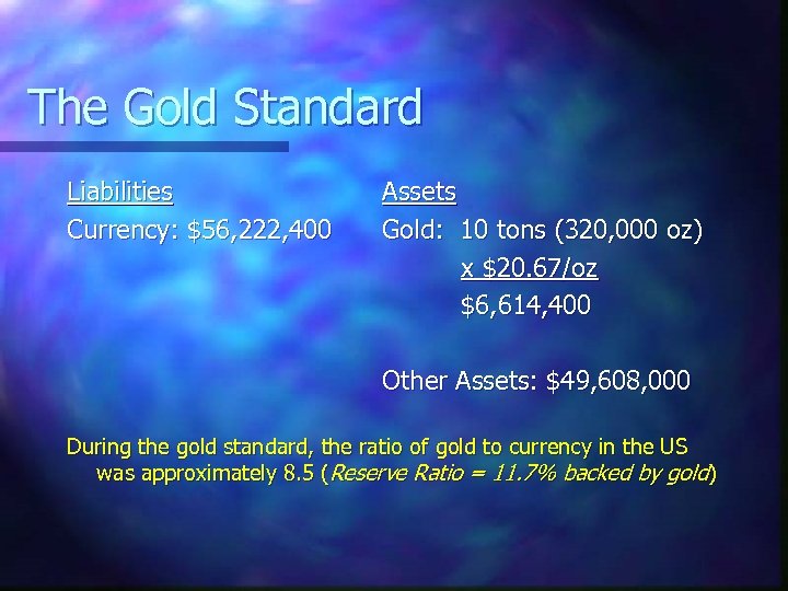 The Gold Standard Liabilities Currency: $56, 222, 400 Assets Gold: 10 tons (320, 000