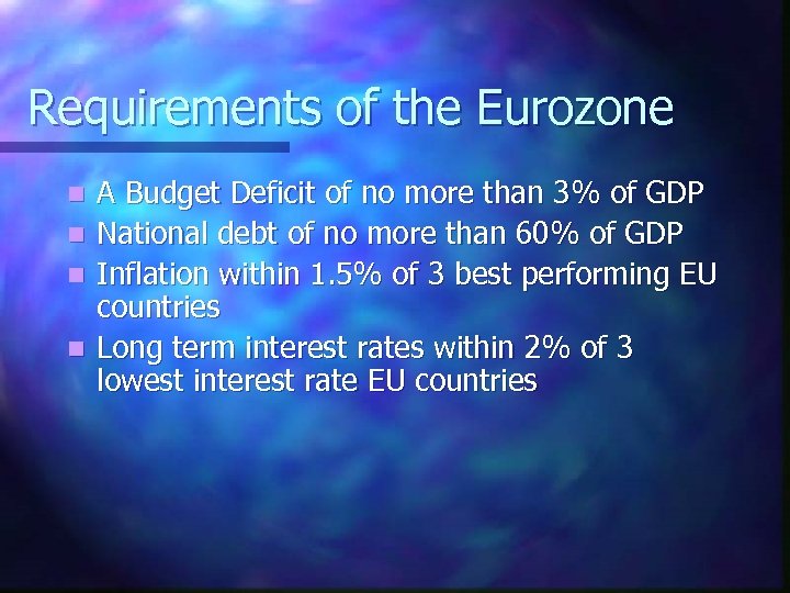 Requirements of the Eurozone A Budget Deficit of no more than 3% of GDP