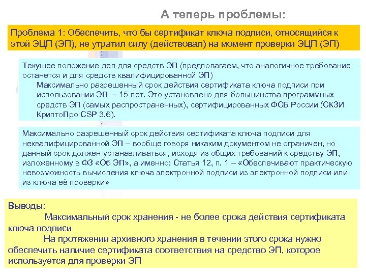 А теперь проблемы: Проблема 1: Обеспечить, что бы сертификат ключа подписи, относящийся к этой
