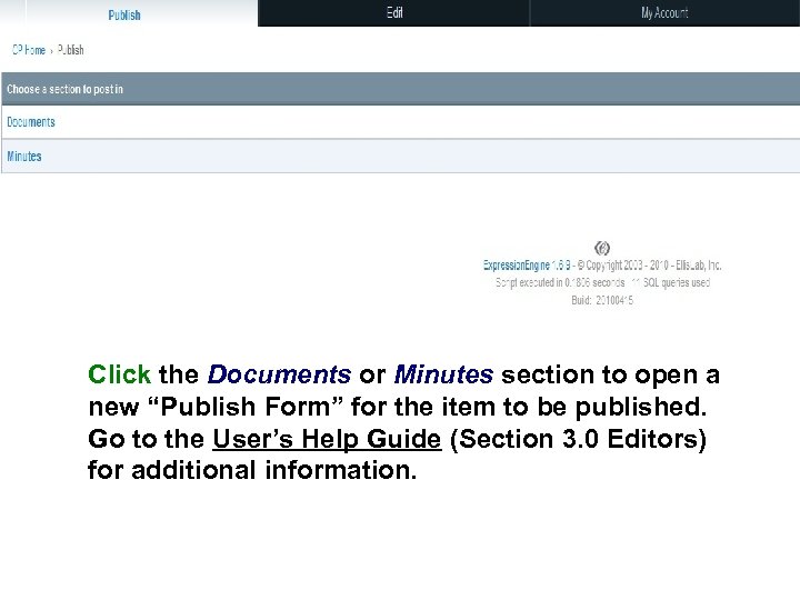 Click the Documents or Minutes section to open a new “Publish Form” for the