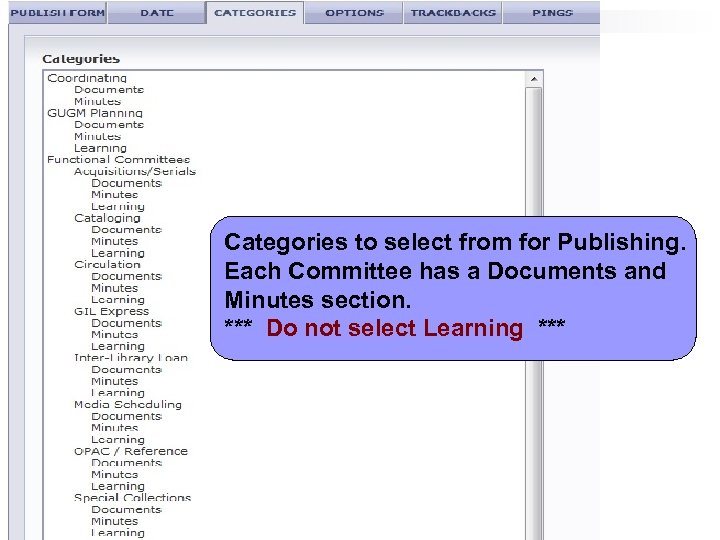 Categories to select from for Publishing. Each Committee has a Documents and Minutes section.