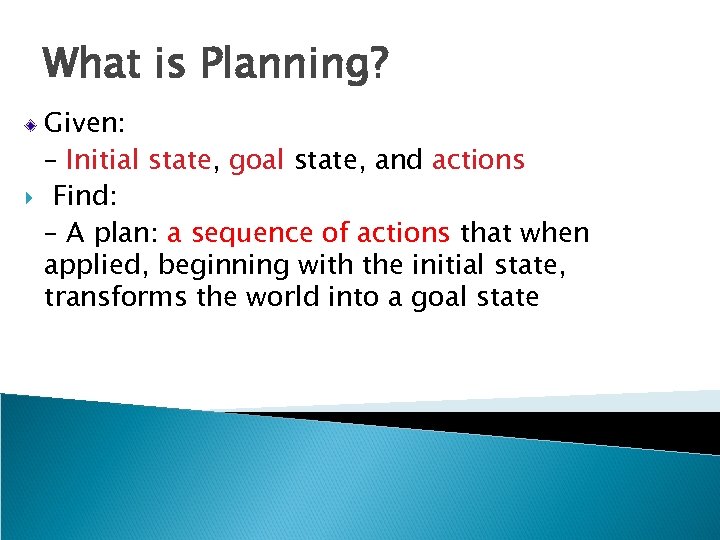 What is Planning? Given: – Initial state, goal state, and actions Find: – A