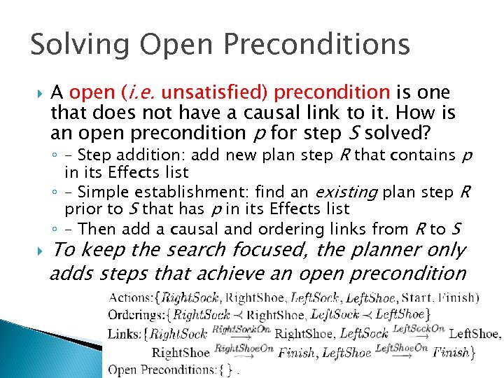 Solving Open Preconditions A open (i. e. unsatisfied) precondition is one that does not