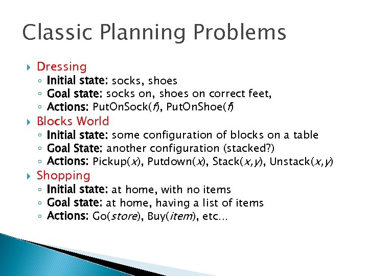 Classic Planning Problems Dressing ◦ Initial state: socks, shoes ◦ Goal state: socks on,