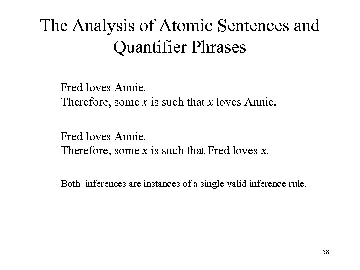 The Analysis of Atomic Sentences and Quantifier Phrases Fred loves Annie. Therefore, some x