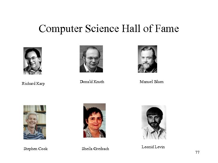Computer Science Hall of Fame Richard Karp Stephen Cook Donald Knuth Sheila Greibach Manuel