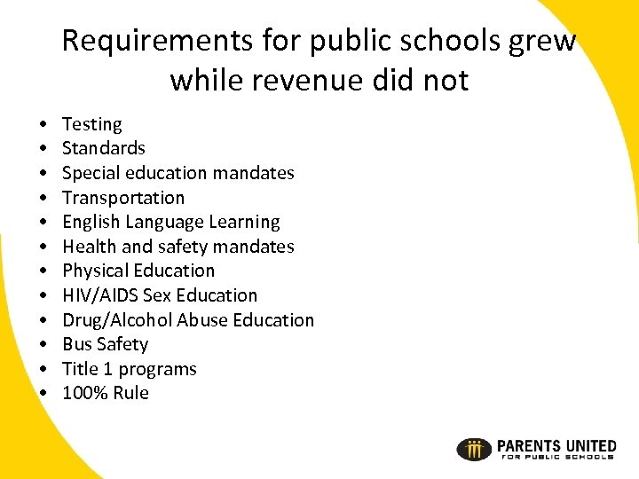Requirements for public schools grew while revenue did not • • • Testing Standards