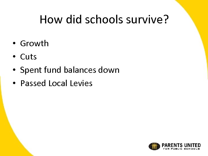 How did schools survive? • • Growth Cuts Spent fund balances down Passed Local