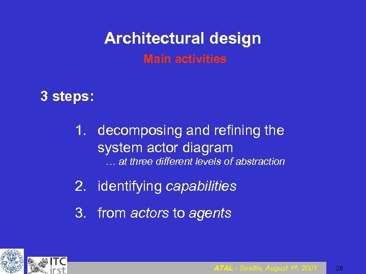 Architectural design Main activities 3 steps: 1. decomposing and refining the system actor diagram