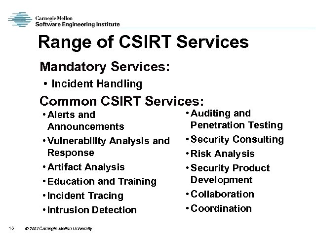 Range of CSIRT Services Mandatory Services: • Incident Handling Common CSIRT Services: • Alerts