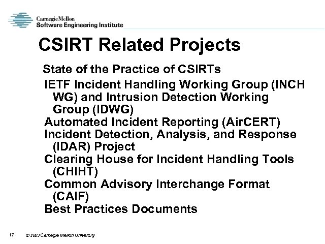 CSIRT Related Projects State of the Practice of CSIRTs IETF Incident Handling Working Group