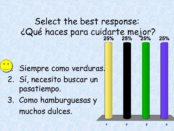 Select the best response: ¿Qué haces para cuidarte mejor? 1. Siempre como verduras. 2.