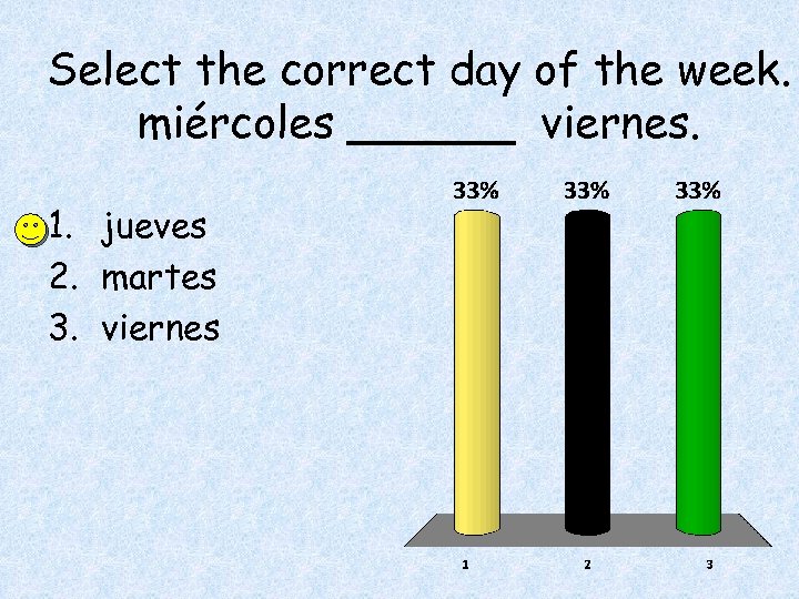 Select the correct day of the week. miércoles ______ viernes. 1. jueves 2. martes