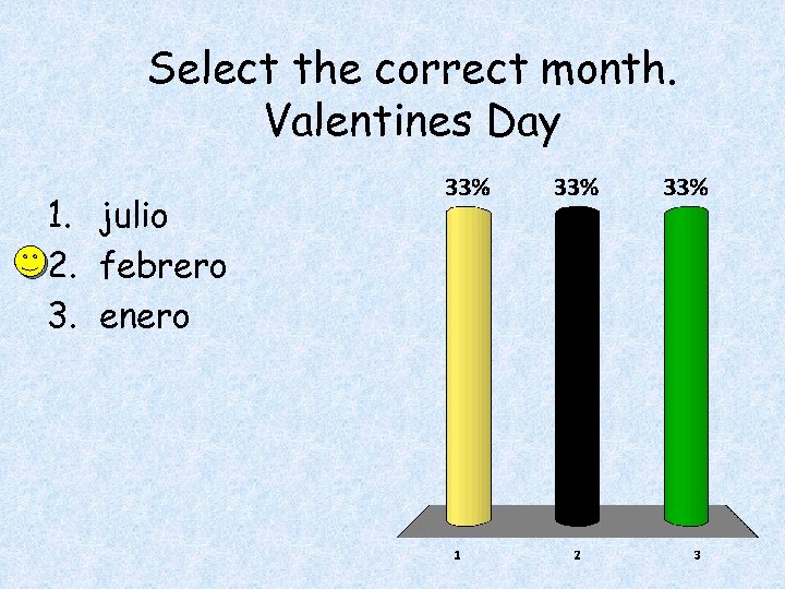 Select the correct month. Valentines Day 1. julio 2. febrero 3. enero 