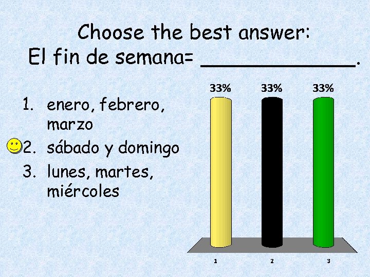 Choose the best answer: El fin de semana= ______. 1. enero, febrero, marzo 2.
