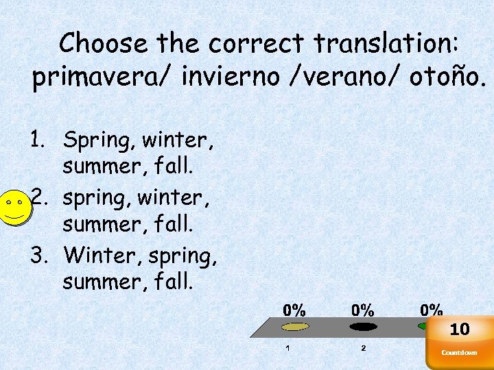 Choose the correct translation: primavera/ invierno /verano/ otoño. 1. Spring, winter, summer, fall. 2.