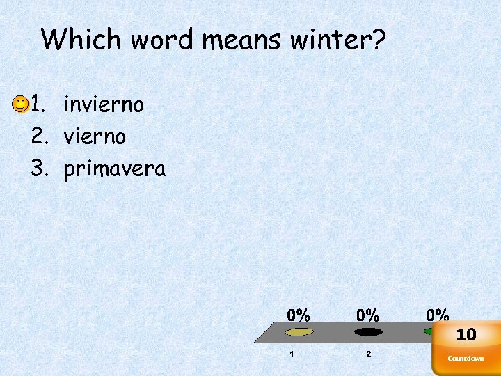 Which word means winter? 1. invierno 2. vierno 3. primavera 10 Countdown 