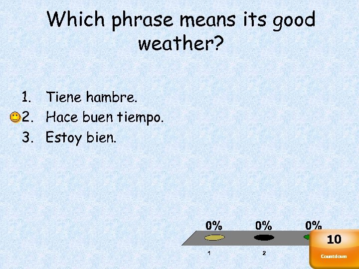 Which phrase means its good weather? 1. Tiene hambre. 2. Hace buen tiempo. 3.