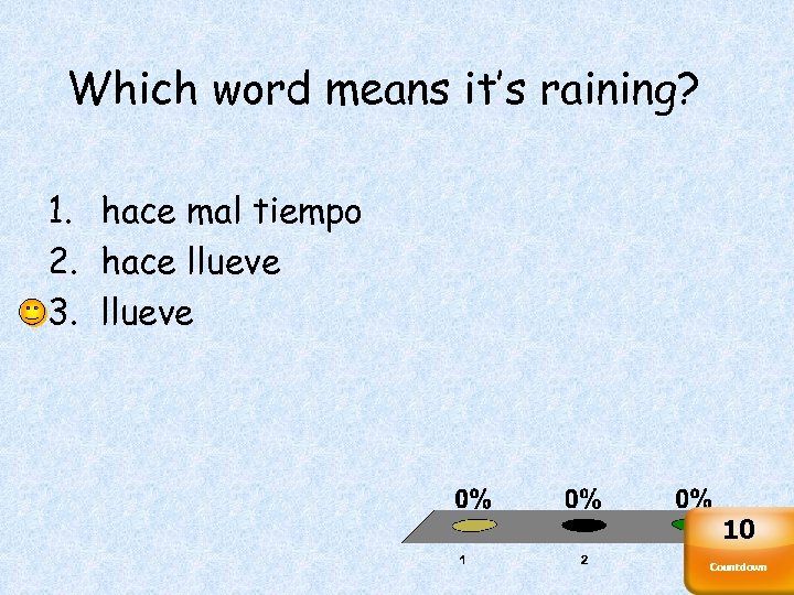 Which word means it’s raining? 1. hace mal tiempo 2. hace llueve 3. llueve