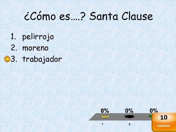 ¿Cómo es…. ? Santa Clause 1. pelirrojo 2. moreno 3. trabajador 10 Countdown 