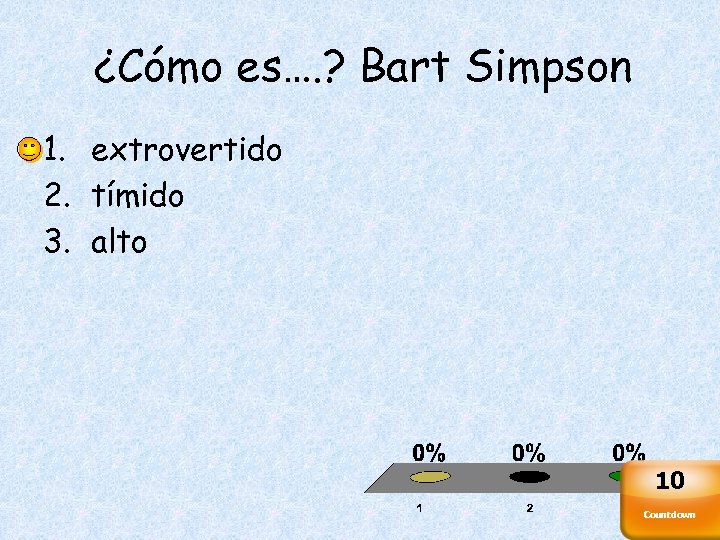 ¿Cómo es…. ? Bart Simpson 1. extrovertido 2. tímido 3. alto 10 Countdown 
