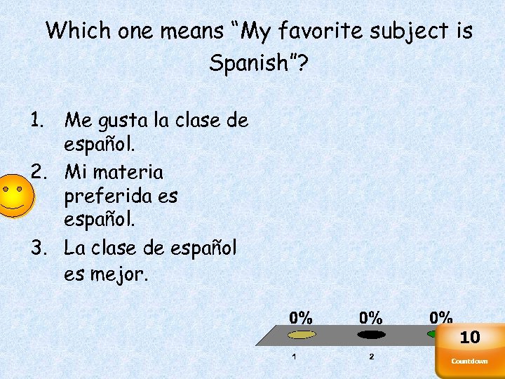 Which one means “My favorite subject is Spanish”? 1. Me gusta la clase de