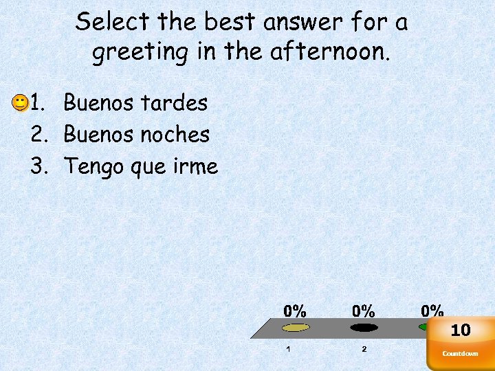 Select the best answer for a greeting in the afternoon. 1. Buenos tardes 2.