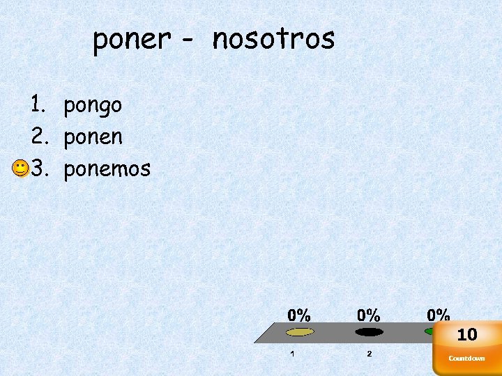 poner - nosotros 1. pongo 2. ponen 3. ponemos 10 Countdown 