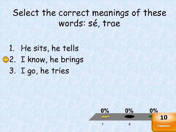 Select the correct meanings of these words: sé, trae 1. He sits, he tells