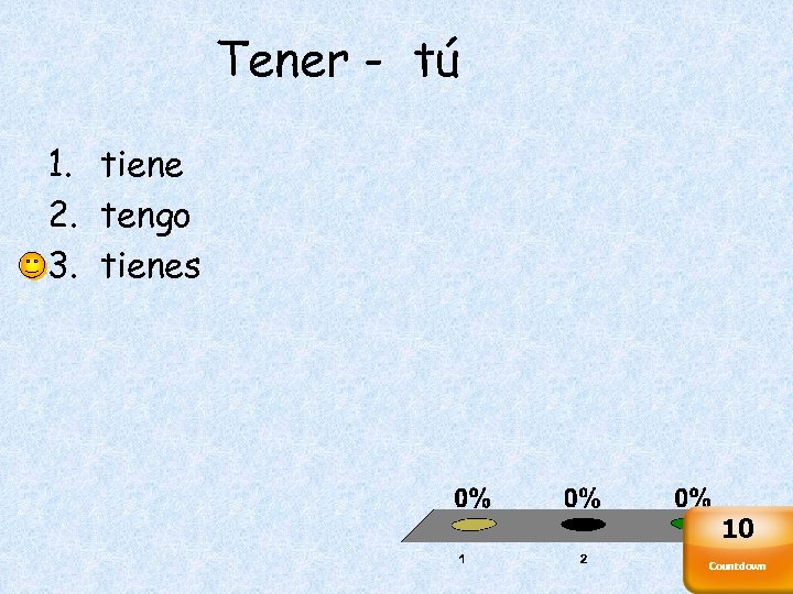 Tener - tú 1. tiene 2. tengo 3. tienes 10 Countdown 