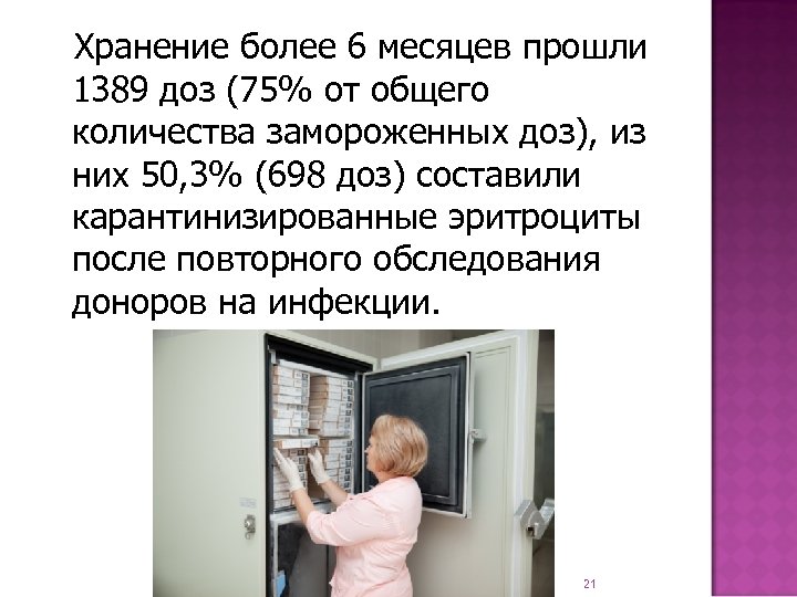 Хранение более 6 месяцев прошли 1389 доз (75% от общего количества замороженных доз), из