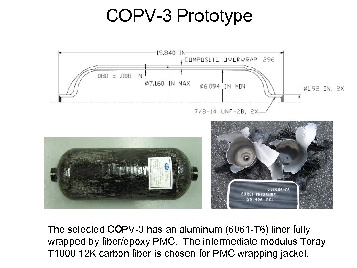 COPV-3 Prototype The selected COPV-3 has an aluminum (6061 -T 6) liner fully wrapped