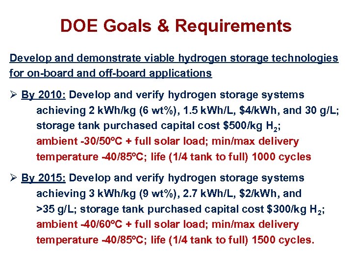 DOE Goals & Requirements Develop and demonstrate viable hydrogen storage technologies for on-board and