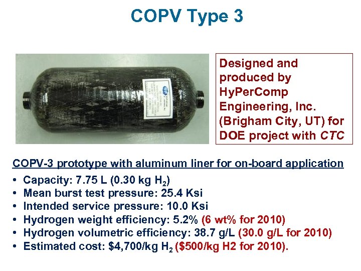 COPV Type 3 Designed and produced by Hy. Per. Comp Engineering, Inc. (Brigham City,