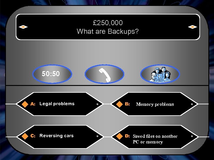 £ 250, 000 What are Backups? 50: 50 A: Legal problems B: C: Reversing