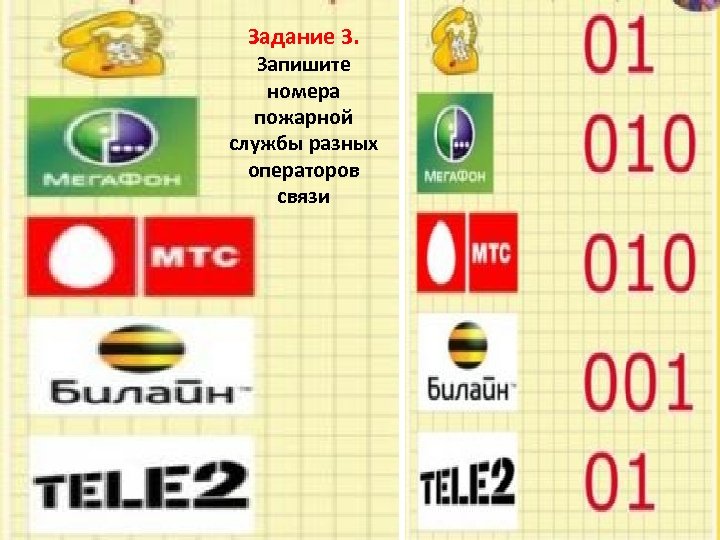 Задание 3. Запишите номера пожарной службы разных операторов связи 