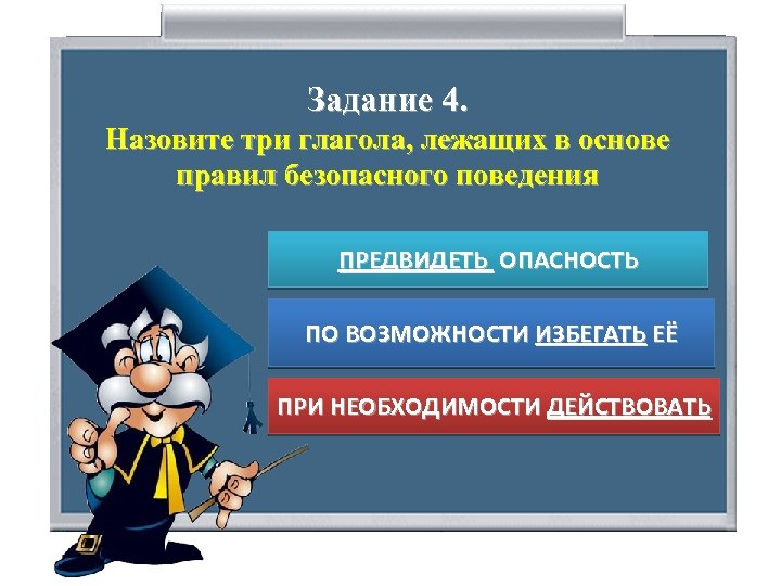 Задание 4. Назовите три глагола, лежащих в основе правил безопасного поведения ПРЕДВИДЕТЬ ОПАСНОСТЬ ПО