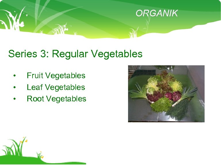 ORGANIK Series 3: Regular Vegetables • • • Fruit Vegetables Leaf Vegetables Root Vegetables