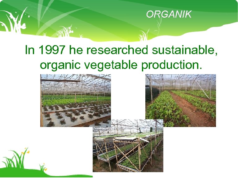 ORGANIK In 1997 he researched sustainable, organic vegetable production. 