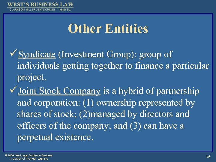Other Entities üSyndicate (Investment Group): group of individuals getting together to finance a particular